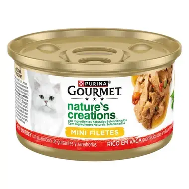 Lata Purina Gourmet Nature's Creations Mini Filetes rico en buey, vista lateral.