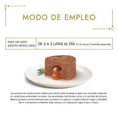 Modo de empleo de Gourmet Gold Fondant: de 2 a 3 latas al día para gato adulto de 4 kg.