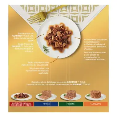 Plato de Doble Placer con mensajes de calidad, sin colorantes ni conservantes, y gama Gourmet Gold.