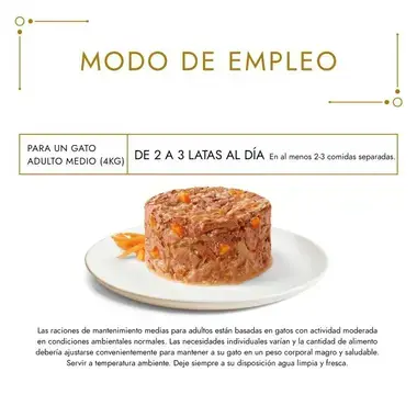 Modo de empleo: de 2 a 3 latas al día para un gato adulto medio de 4 kg.