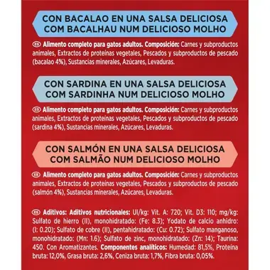 Ingredientes de Mon Petit Intense con bacalao, sardina y salmón en salsa.