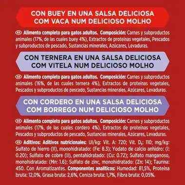 Ingredientes de Mon Petit Intense con buey, ternera y cordero en salsa.