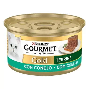 Lata Purina Gourmet Gold Terrine con conejo, vista lateral con imagen de la receta.