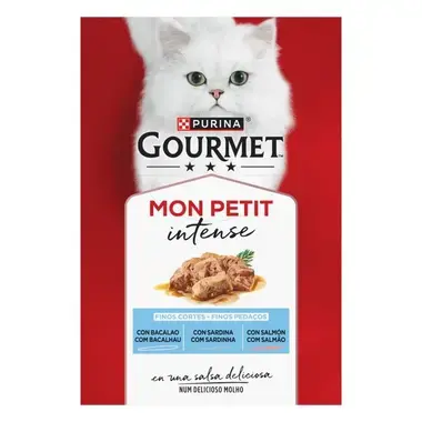 Pack Purina Gourmet Mon Petit Intense con bacalao, sardina y salmón en salsa.
