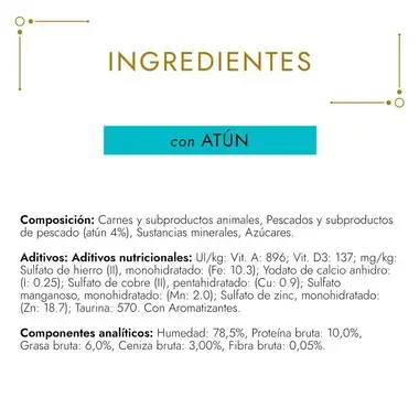 Ingredientes de Gourmet Gold Fondant con atún, composición, aditivos y valores analíticos.