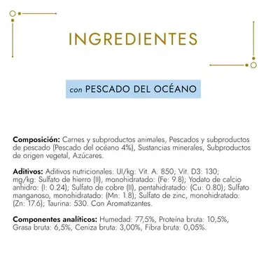 Ingredientes de Gourmet Gold Mousse con pescado del océano, composición y valores analíticos.