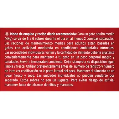 Modo de empleo: 5-6 sobres al día para un gato adulto medio de 4 kg.