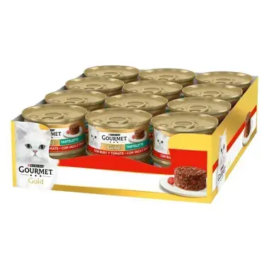Bandeja con varias latas Purina Gourmet Gold Tartelette con buey y tomate.