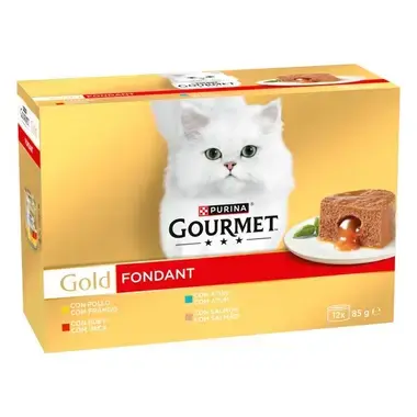 Caja Purina Gourmet Gold Fondant 12 x 85 g con gato blanco y receta servida en plato.