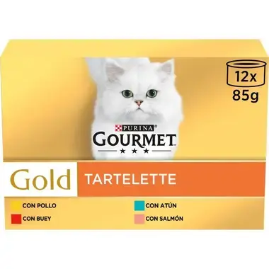 Pack Purina Gourmet Gold Tartelette 12 x 85 g con gato blanco y variedades de sabores.
