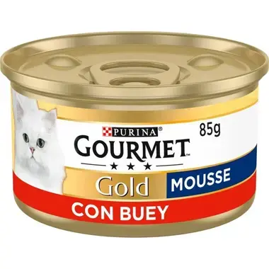 Lata Purina Gourmet Gold Mousse con buey 85 g, vista frontal.