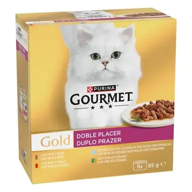 Caja Purina Gourmet Gold Doble Placer 8 x 85 g con gato blanco y plato de comida.