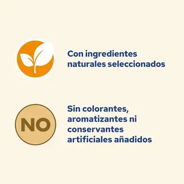 Iconos de Cat Chow: ingredientes naturales seleccionados y sin colorantes ni conservantes añadidos.