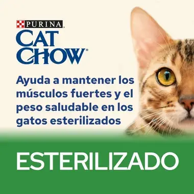 Cat Chow Sterilised ayuda a mantener músculos fuertes y peso saludable en gatos esterilizados.