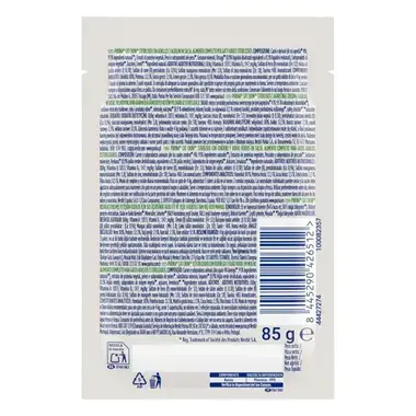 Parte trasera del sobre Purina Cat Chow Sterilised con información nutricional, código de barras y peso 85 g.