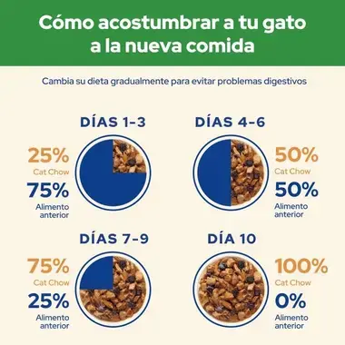 Guía para acostumbrar al gato a Cat Chow en 10 días, mezclándolo con su alimento anterior.