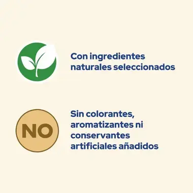 Iconos de Cat Chow: ingredientes naturales y sin colorantes ni conservantes artificiales añadidos.