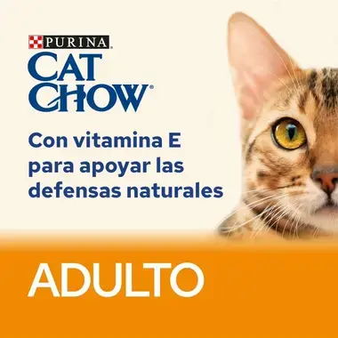 Purina Cat Chow Adult con vitamina E para apoyar las defensas naturales, junto a un gato.