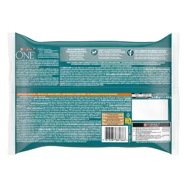 Parte trasera del pack Purina One Adult con información nutricional, código de barras y peso 4 x 85 g.