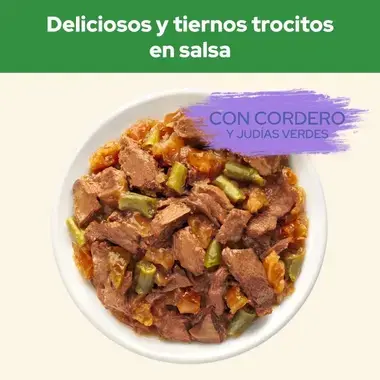 Trocitos Cat Chow en salsa con cordero y judías verdes servidos en un cuenco.