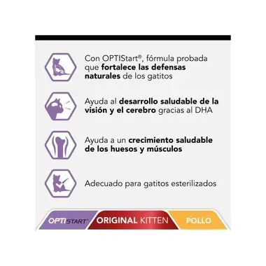 Beneficios OPTIstart para gatitos: defensas, visión, cerebro, huesos y músculos.