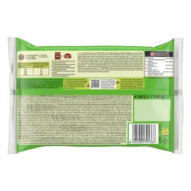 Parte trasera del pack Friskies Selections con información nutricional, QR, código de barras y peso 340 g.
