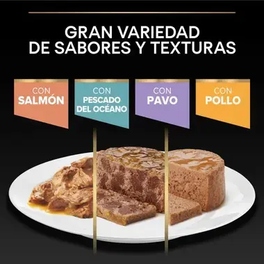 Variedad de sabores y texturas de comida húmeda Pro Plan: salmón, pescado del océano, pavo y pollo.
