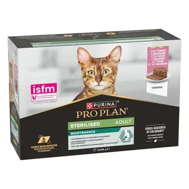 Caja Pro Plan Sterilised Adult Maintenance con 12 sobres de terrine de atún y salmón.
