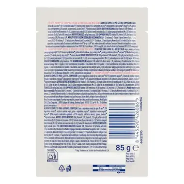 Parte trasera del sobre Purina Cat Chow Kitten con información nutricional, código de barras y peso 85 g.