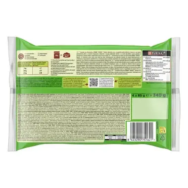 Parte trasera del pack Friskies Selections con información nutricional, QR, código de barras y peso 340 g.