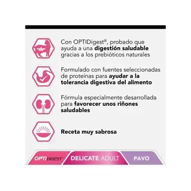 Beneficios de Purina Pro Plan Delicate Adult con OptiDigest para digestión, riñones y palatabilidad.