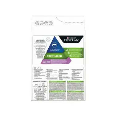Parte trasera del saco Pro Plan Sterilised Senior con información nutricional y raciones.