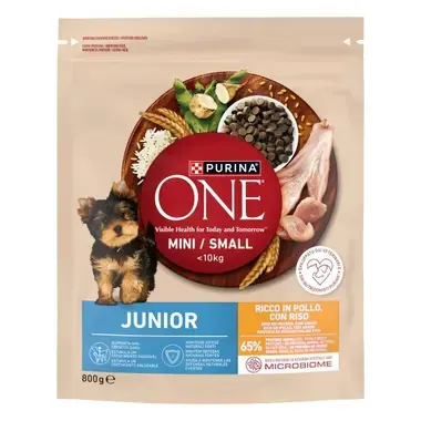 Bolsa Purina One Mini/Small Junior rica en pollo con arroz para cachorros pequeños, 800 g.