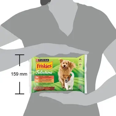 Pack Friskies Selections sostenido por una persona; se indica altura de 159 mm.