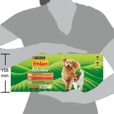 Caja Friskies Selections sostenida por una persona; se indica altura de 158 mm.