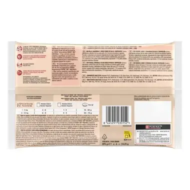 Parte trasera del pack Purina One Mini/Small Adult con información nutricional y código de barras.