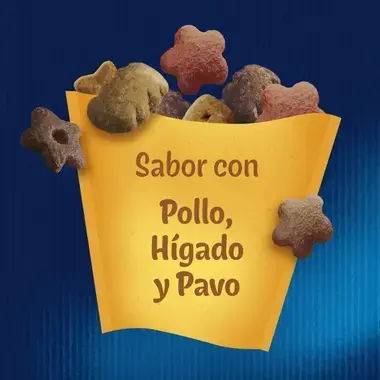 Snacks Felix Party Mix Original sabor pollo, hígado y pavo, mostrados en un envase amarillo.