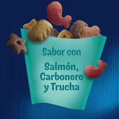 Snacks Felix Party Mix Ocean sabor salmón, carbonero y trucha, mostrados en envase turquesa.