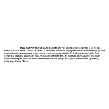 Modo de empleo y ración diaria recomendada para gatos adultos, con indicaciones de conservación.