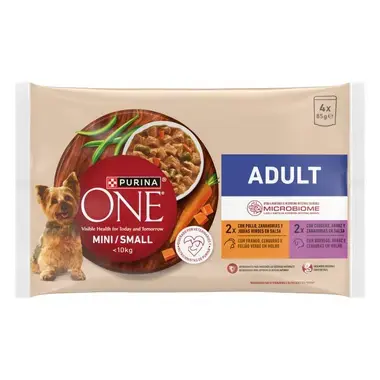 Pack Purina One Mini/Small Adult 4 x 85 g con recetas de pollo y cordero en salsa.