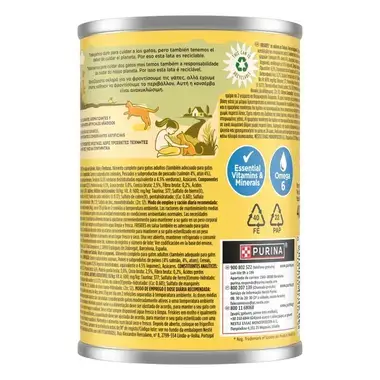Parte trasera de lata Friskies en salsa con información nutricional, reciclaje y contacto.