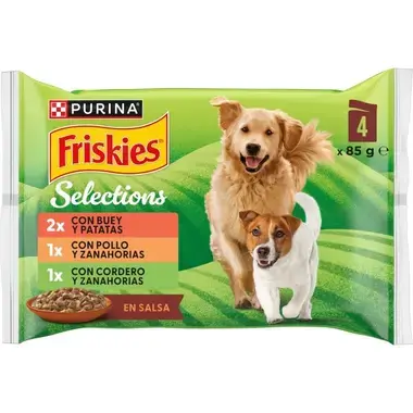 Pack Friskies Selections 4 x 85 g en salsa, con dos perros y variedades de buey, pollo y cordero.
