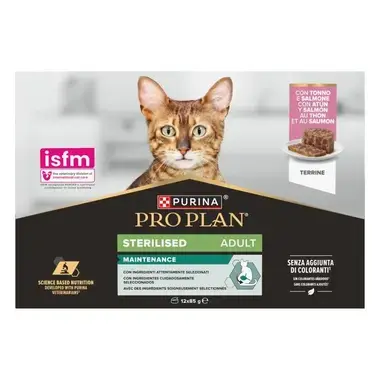Pack Pro Plan Sterilised Adult Maintenance con terrine de atún y salmón para gatos adultos esterilizados.