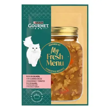 Envase Gourmet My Fresh Menu rico en salmón con zanahorias y tomates, con tarro de receta casera.