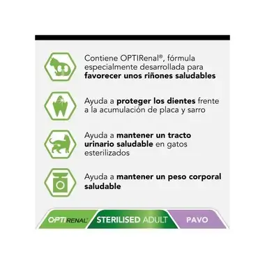 Beneficios de Pro Plan OptiRenal: apoyo renal, dental, urinario y control del peso en gatos esterilizados.