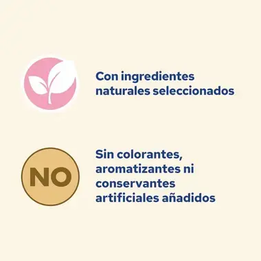 Iconos de Cat Chow: ingredientes naturales seleccionados y sin colorantes ni conservantes añadidos.