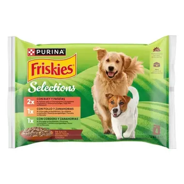 Pack Purina Friskies Selections 4 x 85 g en salsa, con dos perros y variedades de sabores.