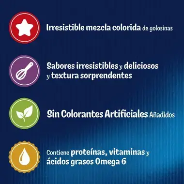 Iconos de Felix Party Mix: golosinas coloridas, sin colorantes artificiales y con proteínas, vitaminas y Omega 6.