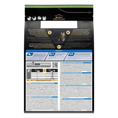 Parte trasera del saco Pro Plan con información nutricional, raciones y beneficios LONGEVIS.