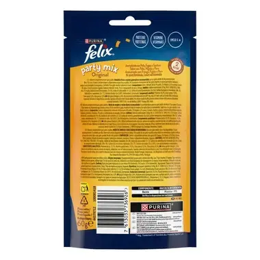 Parte trasera del pack Felix Party Mix Original con información nutricional, código de barras y peso 60 g.
